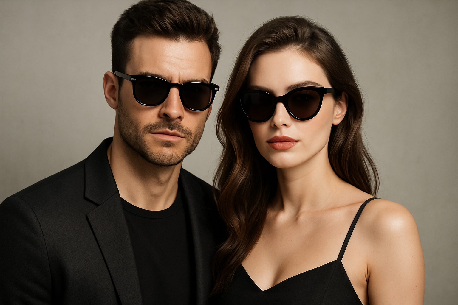 un hombre y una mujer guapos de piel blanca usando gafas de sol