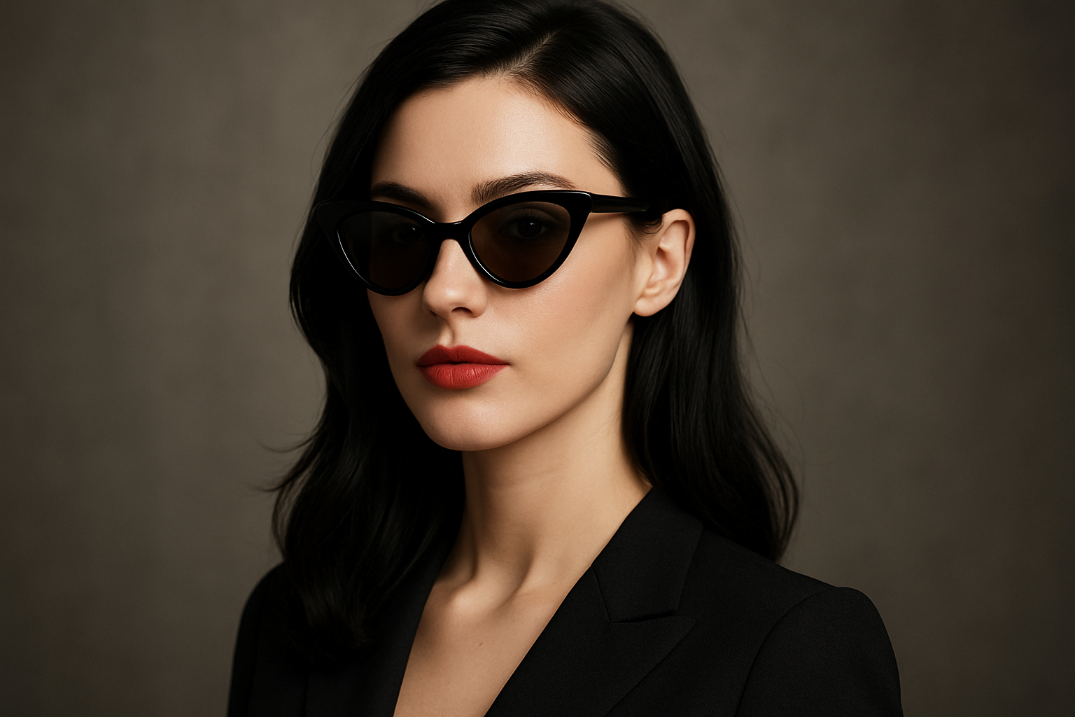 una mujer blanca con cabello negro hermosa usando unas gafas de sol tipo cat eye